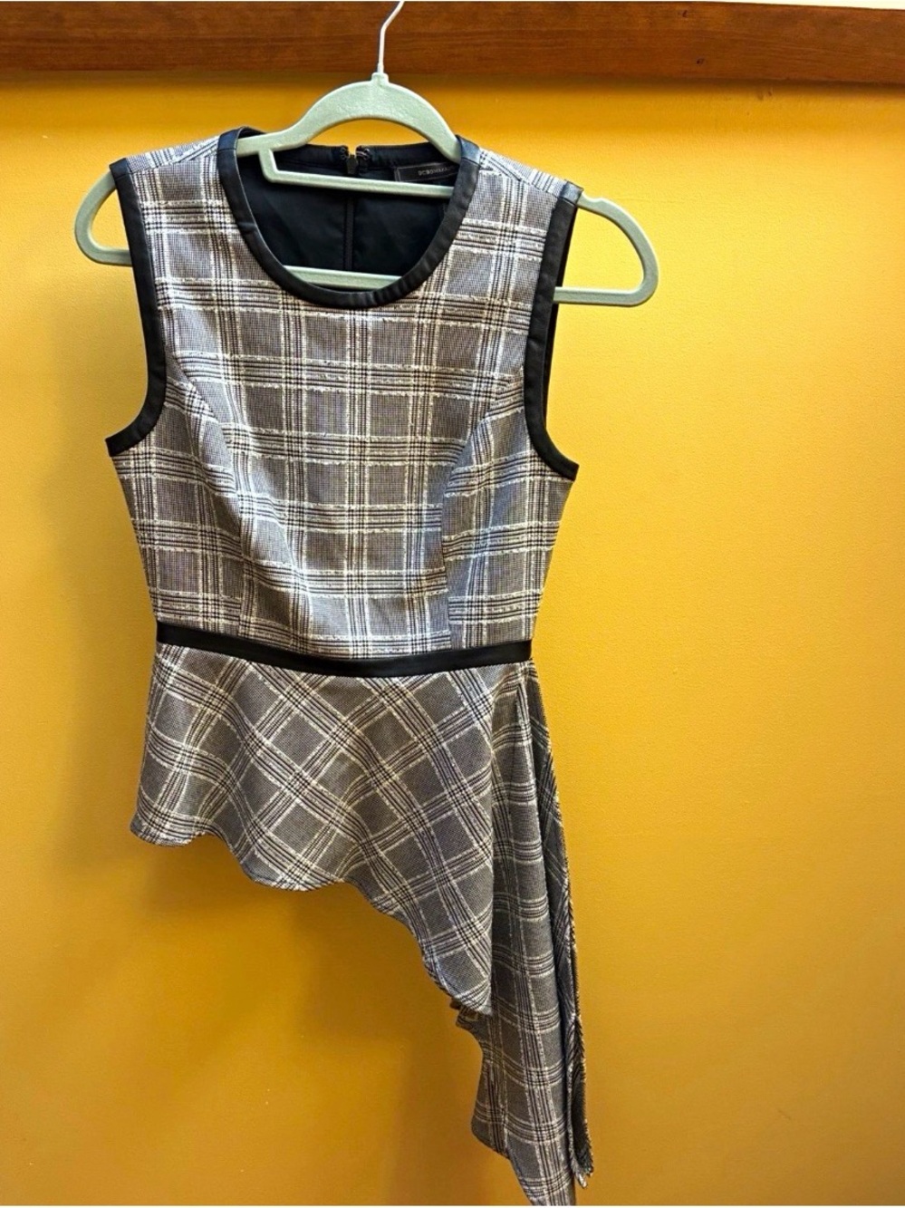 BCBGMaxAzria Gray Plaid Asymmetrical Peplum Top with Black Trim